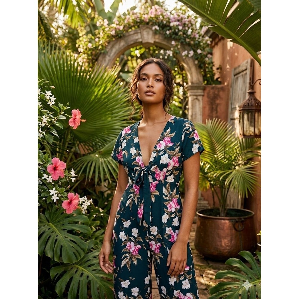 Volcom Floral V-Neck Jumpsuit Black Pink Tie Front Wide Leg S Dark Tropical Boho